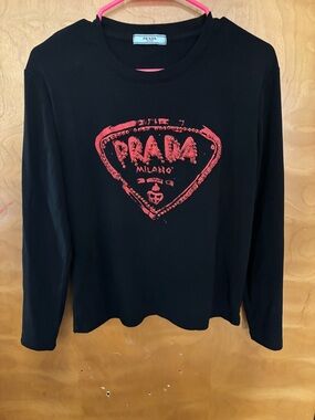 Prada Black Long-Sleeve Tee with Red Logo Heart